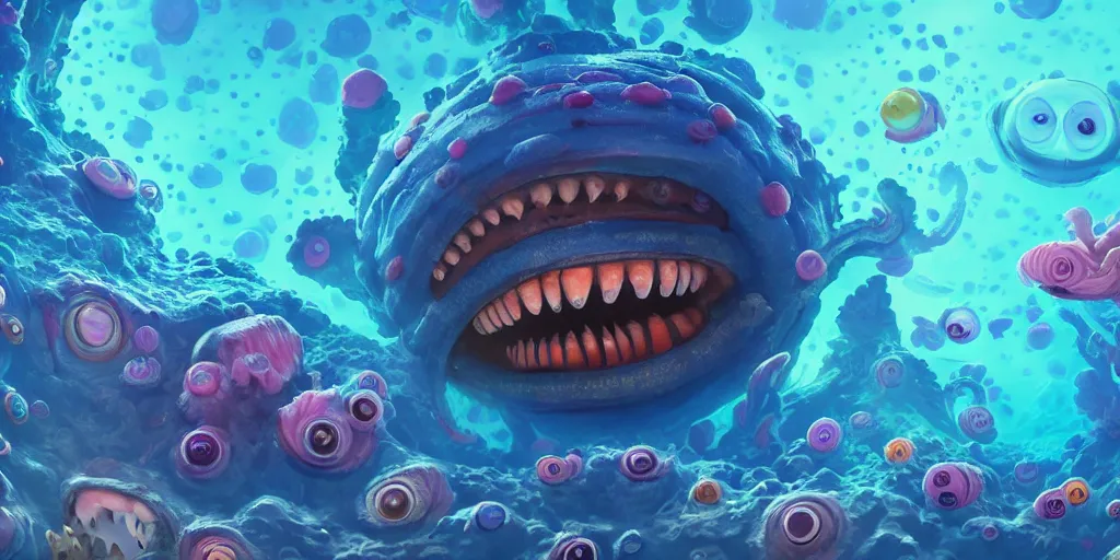 Image similar to of a colorful cloudy deep sea under water with strange cute friendly happy creatures with huge eyes, mouth, long tongue and round teeth appearing from sandy coral, in the style of gehry and gaudi, macro lens, shallow depth of field, highly detailed, digital painting, trending artstation, concept art, illustration, cinematic lighting, photorealism, epic, octane render