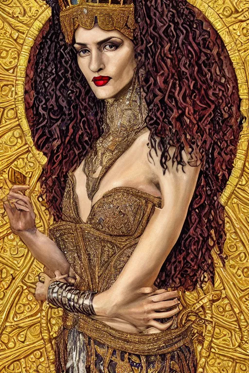 Image similar to Portrait of historically accurate, ancient biblical, sultry, sneering, evil, pagan, wicked, queen jezebel, wearing gilded robes, long hair, intricate, elegant, highly detailed, masterpiece, illustration, art Russian Cubism, highly detailed, trending on artstation, award winning