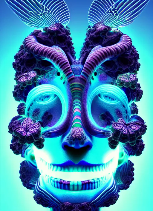 Prompt: 3 d goddess butterfly face portrait, sigma 5 0 0 mm f / 5. global illumination beautiful intricate highly detailed quetzalcoatl skull and feathers. bioluminescent, plasma, lava, ice, water, wind, creature, thunderstorm! artwork by tooth wu and wlop and beeple and greg rutkowski, 8 k trending on artstation,