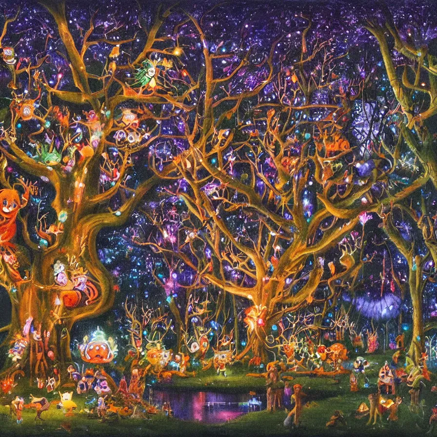 Prompt: a night carnival around a magical tree cavity, with a surreal orange moonlight and fireworks in the background, next to a lake with iridiscent water, christmas lights, folklore animals and people disguised as fantastic creatures in a magical forest by summer night, masterpiece painted by richard burchett, dark night environment