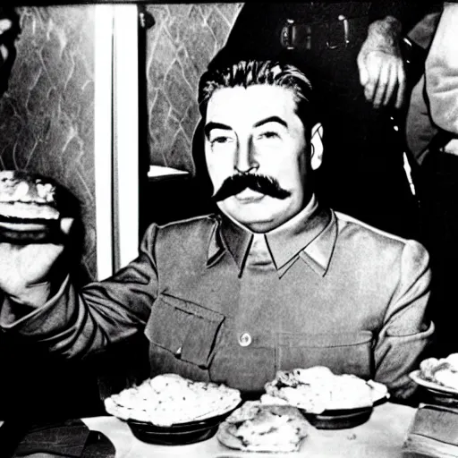 Image similar to joseph stalin eating at burger king, press photo, paparazzi