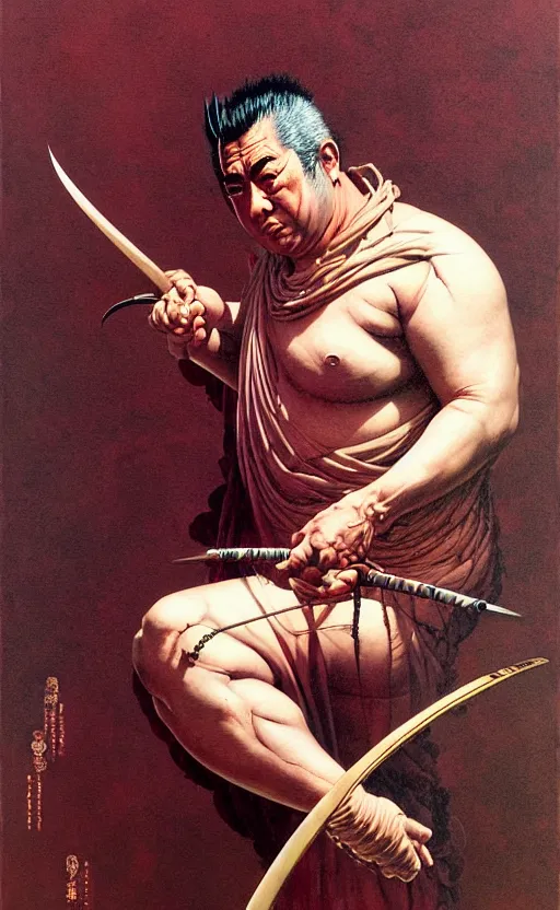 Prompt: portrait of zatoichi in the style of wayne barlowe, gustav moreau, peter mohrbacher, bussiere, roberto ferri, santiago caruso, luis ricardo falero, austin osman spare, boris vallejo, hajime sorayama