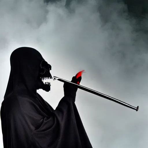 Image similar to the grim reaper exhaling a large hit from his bong, award winning professional composite photography, cinematic