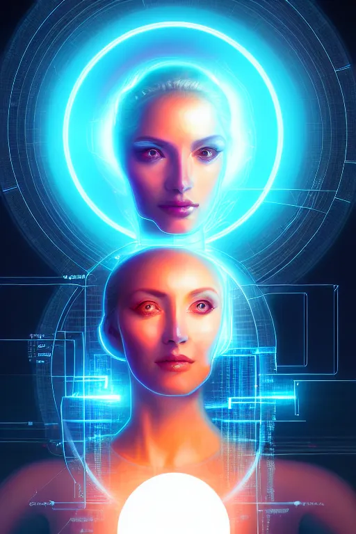 Image similar to portrait of the goddess of artificial intelligence as a holohram of a beautiful girl, in front of a shining orb of data, threads of light in the background, detailed eyes, extremely high quality artwork, very detailed, trending on artstation