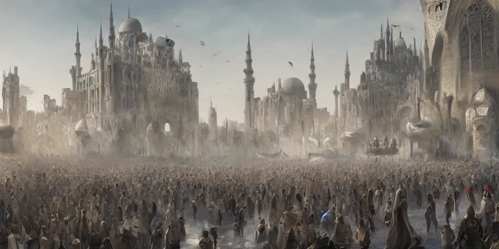 Image similar to a beautiful painting of islamic architecture, crowded people, game of thrones style, city landscape, zaha hadid, louis kahn, fantasy, futuristic, by yves tanguy, trending on artstation, unreal engine