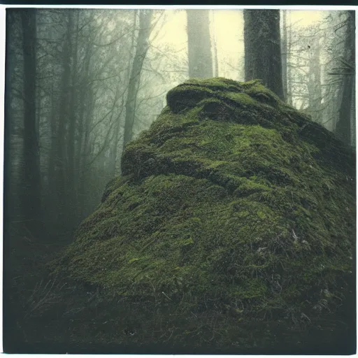 Prompt: a mossy rock pyramid in the middle of a forest clearing at night, dark, foggy, eerie, creepy, unsettling, lost footage, old polaroid, expired film,