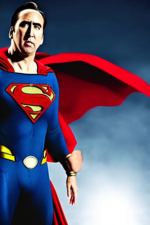 Prompt: nicholas cage as superman, superhero movie, dramatic, studio lighting