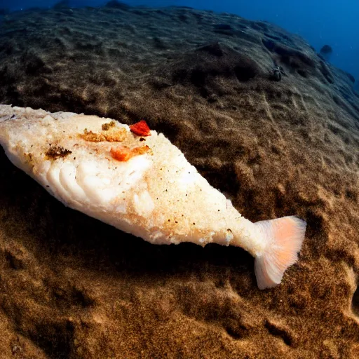 Prompt: an underwater photo of a battered fillet of cod lying on the seafloor