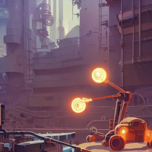 Prompt: sci - fi steampunk construction site with robotic construction vehicles with happy faces, cory loftis, james gilleard, atey ghailan, makoto shinkai, goro fujita, studio ghibli, rim light, exquisite lighting, clear focus, very coherent, plain background