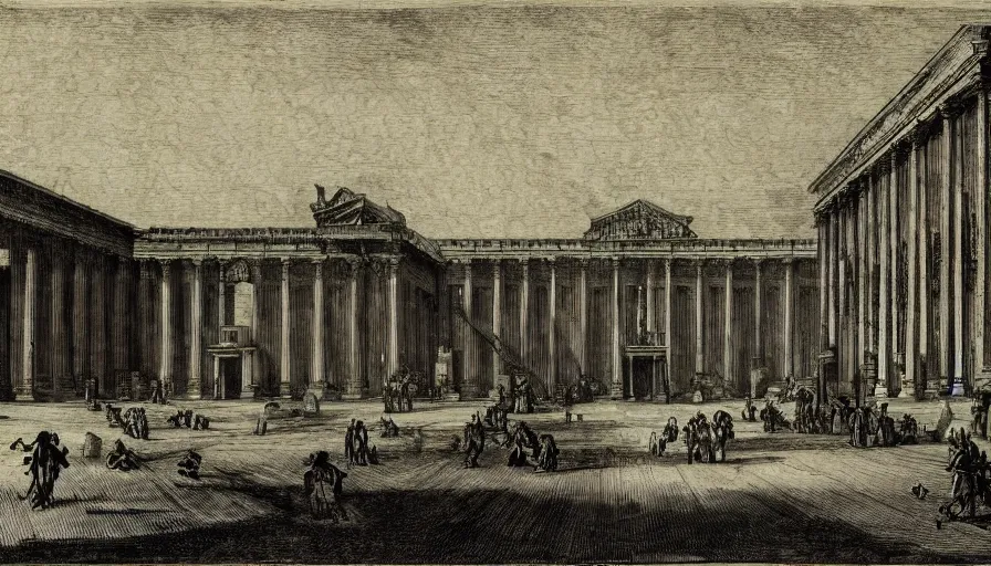 Image similar to a huge square with non euclidian building, by piranesi, high quality, high detailed