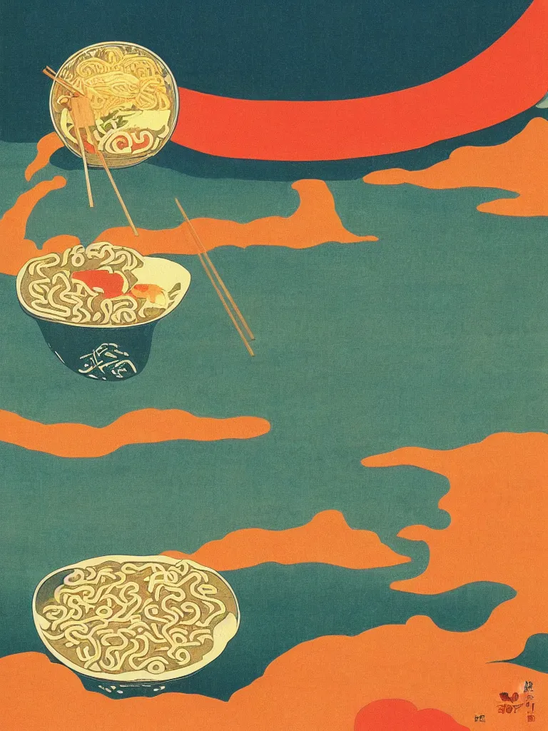 Image similar to ! dream bowl of ramen in the sea at sunset in the style of hasui kawase, as a bauhaus vintage exhibition poster, vintage, grainy