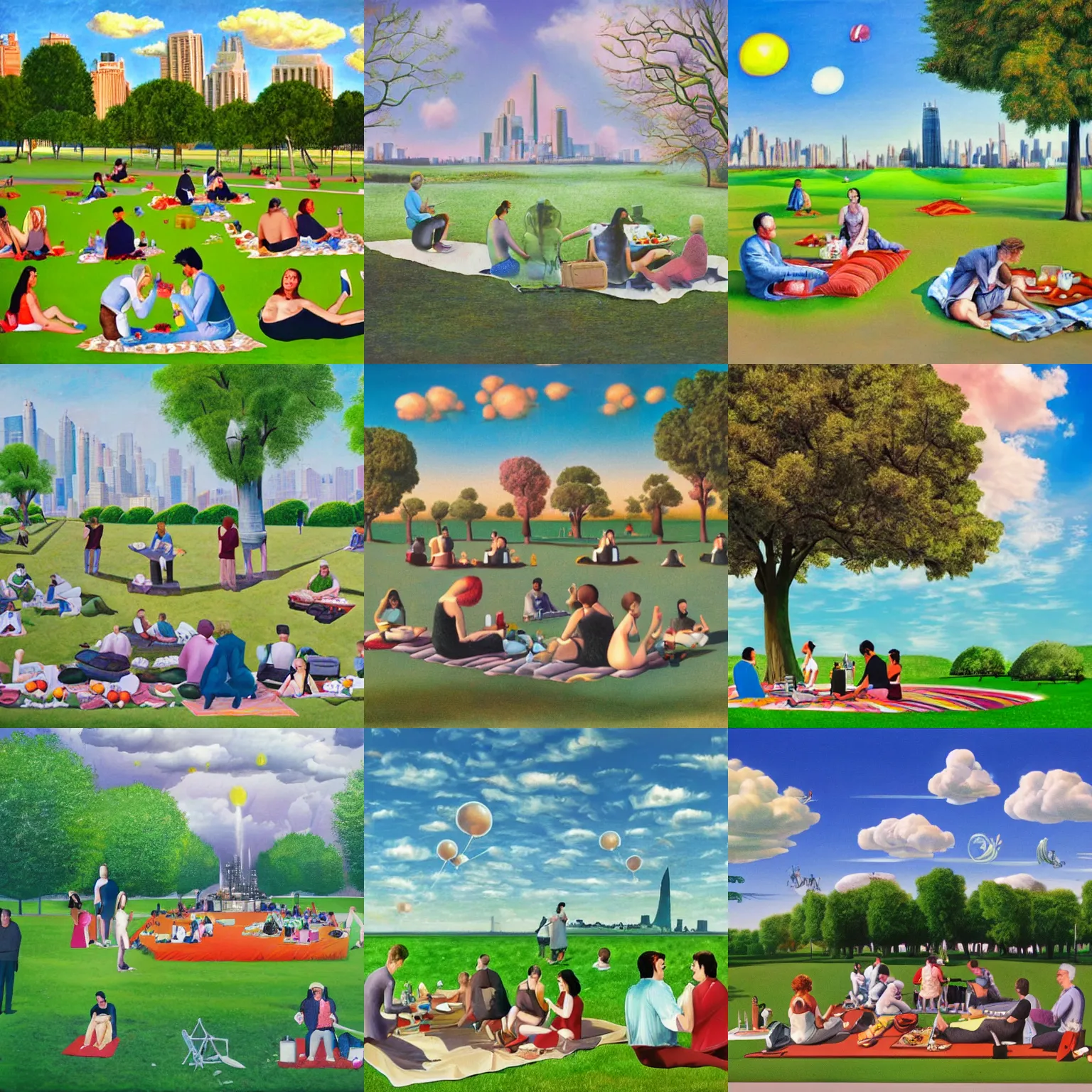 Prompt: people having a picnick in a city park on a clear day, in surrealism style