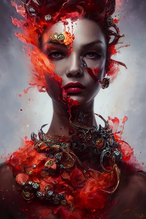Image similar to beautifulmodel face covered with blood diamonds wearing fire velvet, diamonds, angel, fantasy, dramatic lighting, highly detailed, digital painting, magic the gathering, hyper detailed, 3 d render, hyper realistic detailed portrait, peter mohrbacher, wlop, ruan jia