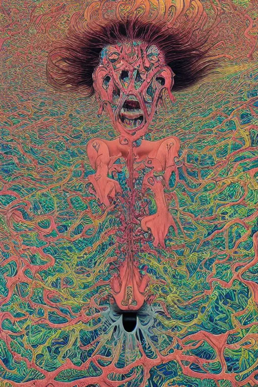 Prompt: body breaking apart, life like conjuring psychedelic illustration by shintaro kago, ultra realistic, highly detailed, hypermaximalist, symmetrical, rich deep colors. beksinski painting, part by adrian ghenie and gerhard richter. art by takato yamamoto. masterpiece