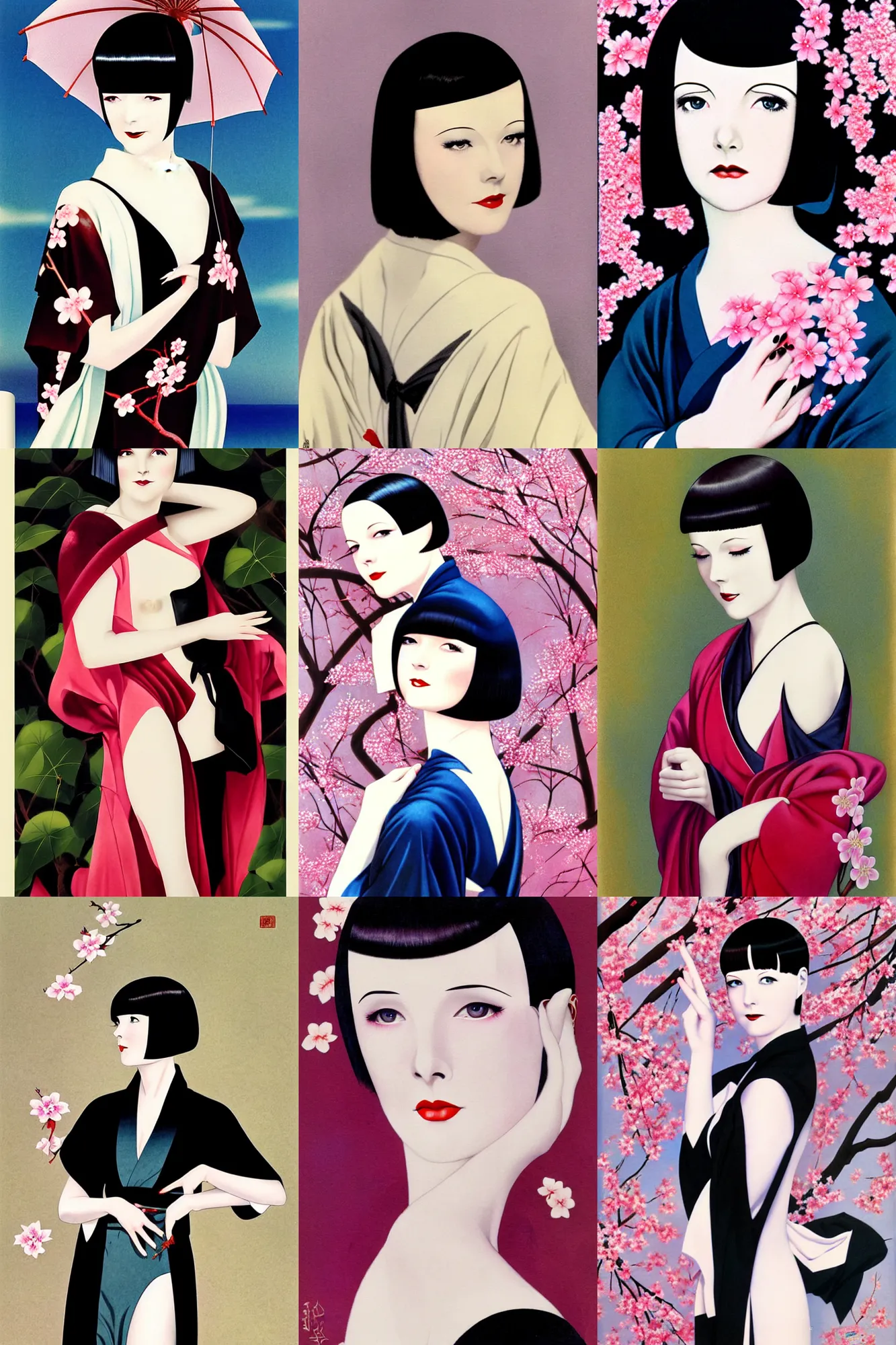 Prompt: 2 8 year old mary louise brooks, wearing kimono, by artgerm, cherry blossom falling, nagel