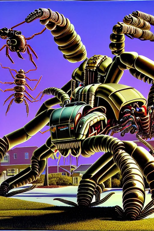 Prompt: a hyperrealistic painting of a giant metallic mechanical scorpion monster in a suburban neighborhood on a sunny day, by chris cunningham and richard corben, highly detailed, vivid color,