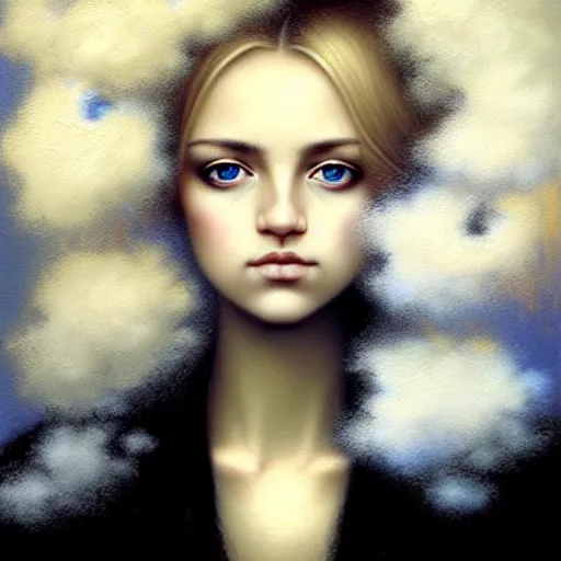 Image similar to beautiful face portrait of a youthful ( blonde, emo, bosnian ) woman covered in fluffy clouds, looking straight at, gorgeous eyes, by casey baugh,, vladimir kush, yasunari ikenaga, yasar vurdem, william oxer