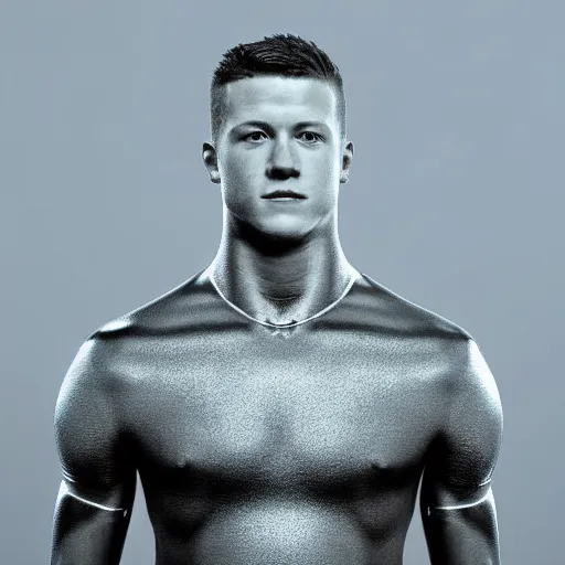 Image similar to “ a realistic detailed photo of a guy who is an attractive humanoid who is half robot and half humanoid, who is a male android, football player christian mccaffrey, shiny skin, posing like a statue, blank stare, on the field, on display ”