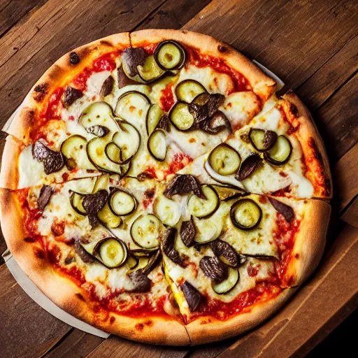 Prompt: a pizza with pickles on it, photograph, 8 k resolution, food photography