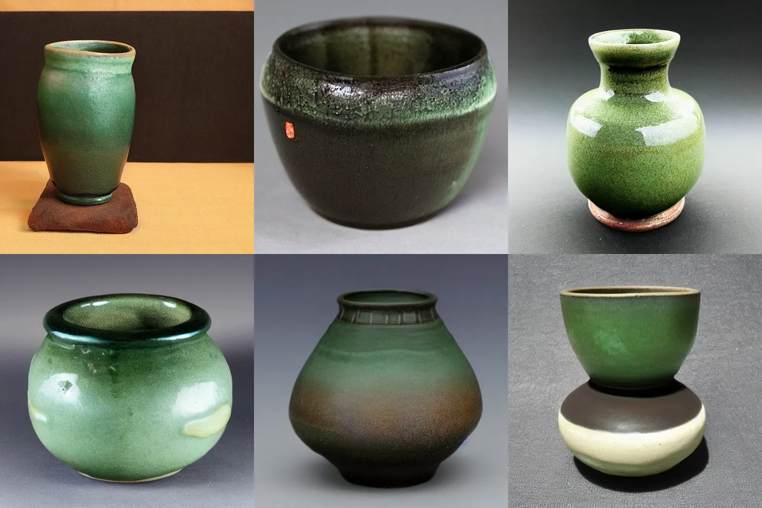 Prompt: japanese pottery, rakuware, rustic, handmade, dripping, jade glaze, zen, black background