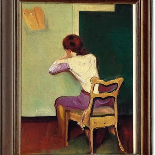 Image similar to a portrait of a girl leaning over tha back of a chair, behind her is a piano, by john french sloan