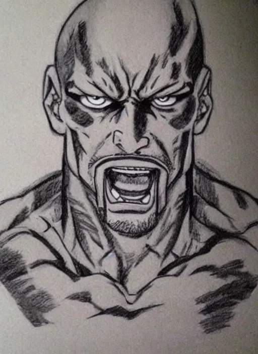 Image similar to dwayne johnson as character in one piece manga, sketch by eiichiro oda, amazing likeness. very detailed.