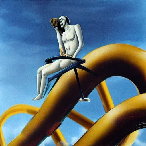 Prompt: man made entirely out of water, riding a rollercoaster, surreal, painted by dali