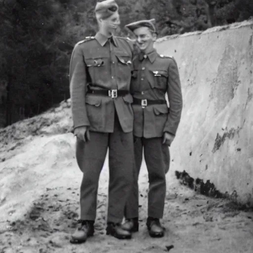 Image similar to a professional photograph of two handsome young wwii soldiers finding love in the bunkers