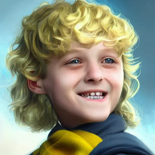 Image similar to close - up portrait a short slightly curly blonde hair hufflepuff!! boy age 1 1 years old with grey - blue eyes, cute, smiling!! fantasy, portrait, highly detailed, digital painting, artstation, concept art, sharp focus, illustration, studio photo, studio lighting, art by artgerm and greg rutkowski and magali villeneuve