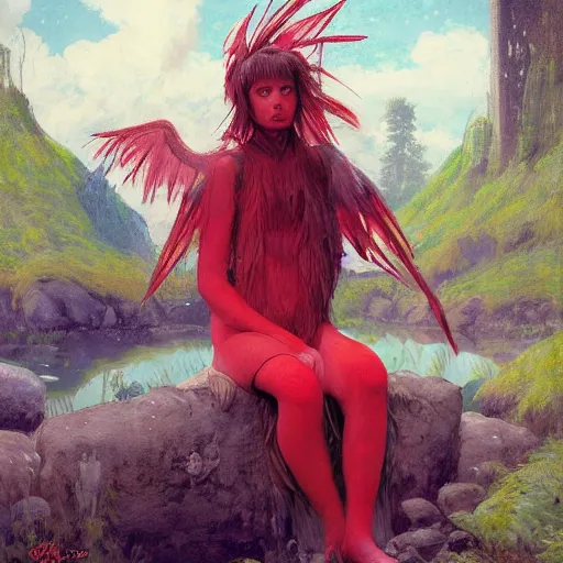 Image similar to prompt Young Harpy-Girl, red feathered wings, wearing Inka clothes, sad expression, sitting at a pond, mountainous area, trees in the background, oil painting, by Fernanda Suarez and and Edgar Maxence and greg rutkowski