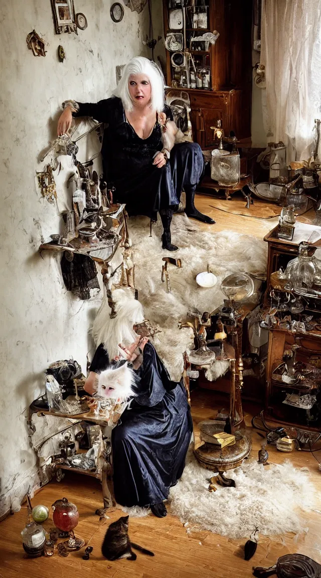 Image similar to full body protrait beautifull witch with white hair in old room. A cristal ball on a wood table with a potions and old instruments. A cat on the floor licking his paw. photorealistic, profesional photo, by Steve McCurry