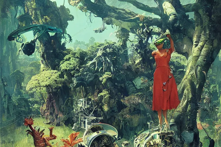 Image similar to pulp scifi illustration, space woman meets science fiction lizard in beautiful garden, flowers, baobab trees, distant town in valley and hills, spacehip lands, by norman rockwell, jack kirby, john berkey, bergey, craig mullins, ruan jia, raymond swanland, jeremy mann, beksinski, tom lovell, alex malveda, schomburg