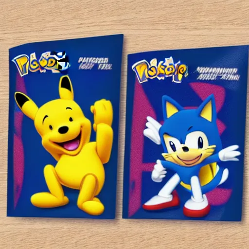 Image similar to photograph of winnie the pooh and super mario and sonic the hedgehog anime style, on pokemon card packs at target