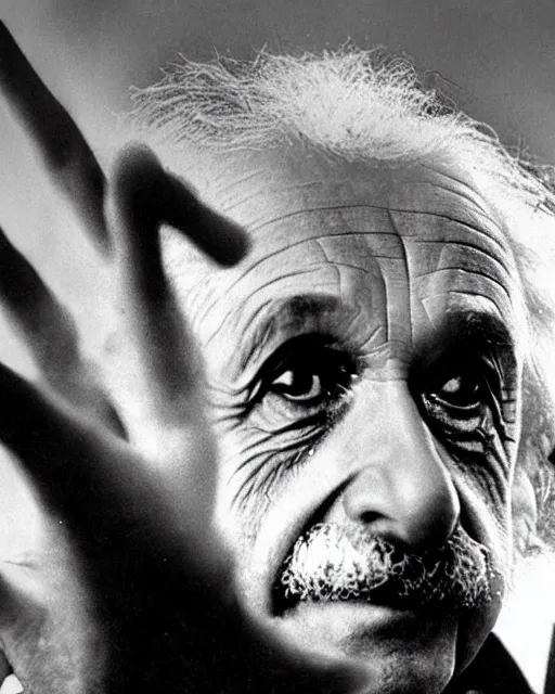 Prompt: an realistic photo of Albert Einstein holding an open hand with seven fingers, palm visible