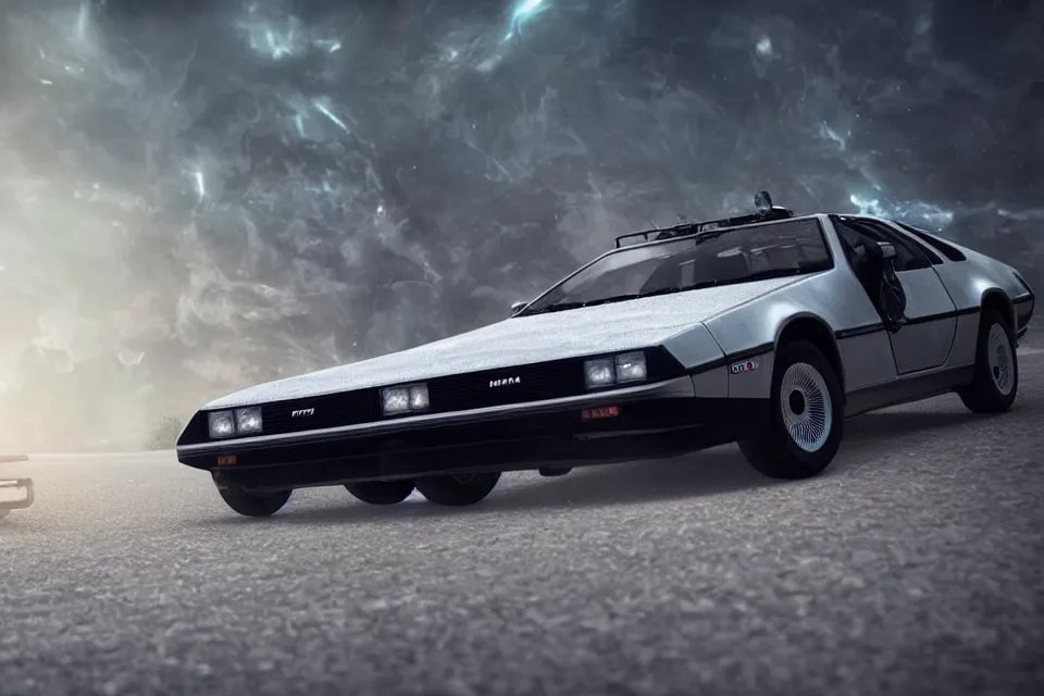 Image similar to ultra realistic delorean dmc 5 and mazda rx 7 parallel drift on road wreckage orbiting earth in space, dark cinematic, volumetric, realistic, 3 d render, realistic render, cinematic lighting, volumetric lighting, atmospheric, cinematic, unreal engine 5, unreal engine render, octane render, hd, photorealism, hyper realistic, 8 k