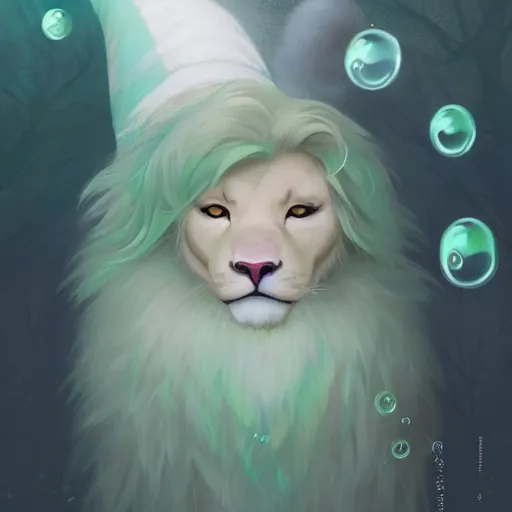 Prompt: aesthetic portrait commission of a albino male furry anthro lion surrounded by glistening floating bubbles while wearing a cute mint colored cozy soft pastel winter outfit, winter Atmosphere. Character design by charlie bowater, ross tran, artgerm, and makoto shinkai, detailed, inked, western comic book art, 2021 award winning painting
