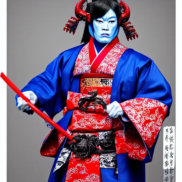 Image similar to a standing portrait of a male blue blue oni demon 鬼 👹 horns horns horns blue blue blue skin dressed as samurai 羽 織 haori kimono official portrait highly detailed, 4 k, hdr, smooth, sharp focus, high resolution, award - winning, illustrated by anne stokes, from sengoku period blue