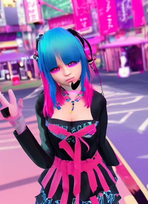 Image similar to vrchat, secondlife, imvu, 3 d model of a girl wearing harajuku colorful clothes, hq render, detailed textures, artstationhd, booth. pm, highly detailed attributes and atmosphere, dim volumetric cinematic lighting, hd, unity unreal engine