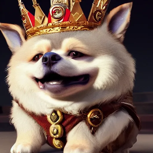 Image similar to a proud corki reigns as king, hyperrealistic