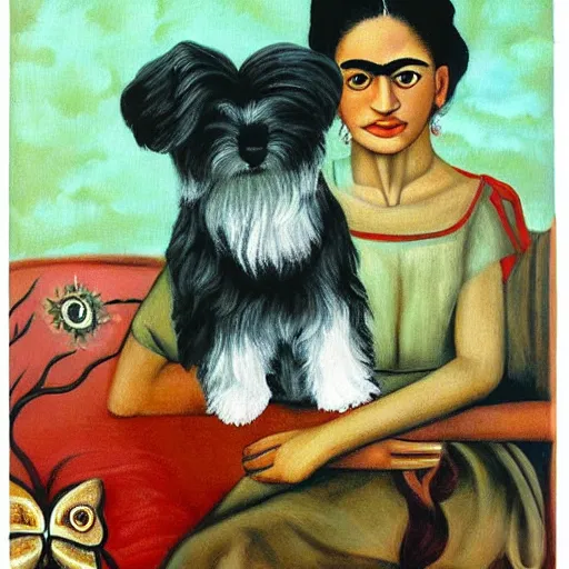 Prompt: cream colored havanese dog with frida kayla painting by frida kahlo 1 9 3 5