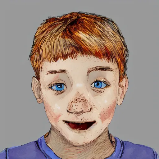 Image similar to face portrait of a boy with red hair and freckles, blue eyes, a long nose, highly detailed, digital art