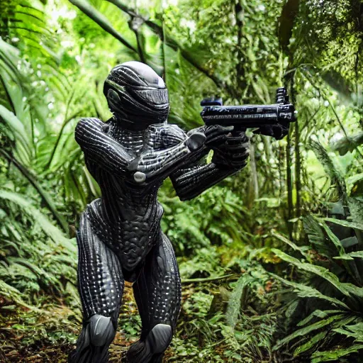 Image similar to close up Crysis Nanosuit shooting at enemies in a jungle combat photography 2022, Canon EOS R3, f/1.4, ISO 200, 1/160s, 8K, RAW, unedited, in-frame,