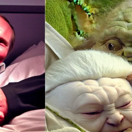 Image similar to putin sleeping in bed next to yoda