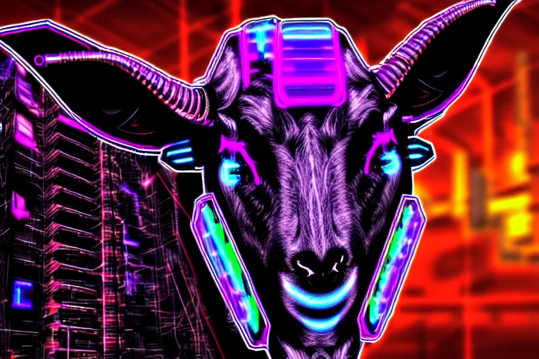 Image similar to complex cyberpunk machine background merged with evil cybernetic goat head in center focus, multicolored digital art