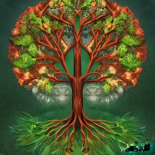 Image similar to tree of life showing various animal and plant species as leaves, digital art, highly detailed