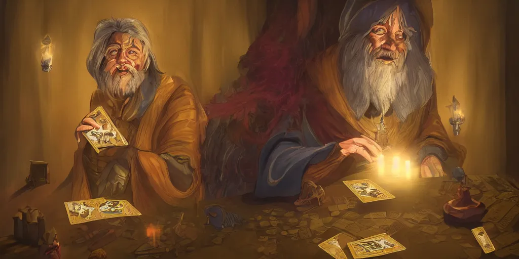 Prompt: wizard shuffling cards, tarot cards, fantasy, digital art, soft lighting, concept art, 8 k