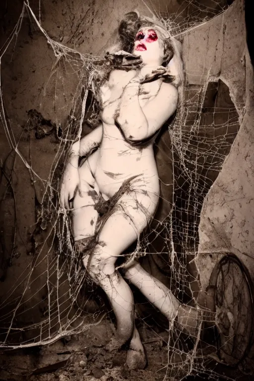 Image similar to dirty cracked screaming vintage doll maggots in eyes in darkly lit dusty basement cobwebs richard avendon photo