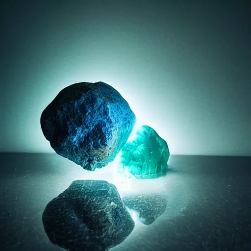 Prompt: light refraction from a mineral rock, in a dark studio room. magical and fantasy material, orb, polished. Some colorful smoke steaming out of it. Mineral auctions, mineral collections, rare mineral. rare raw metal.