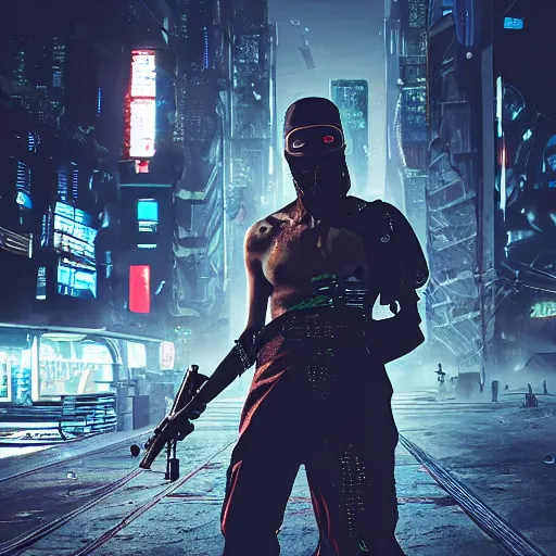 Image similar to photo of a cyberpunk ninja with weapons