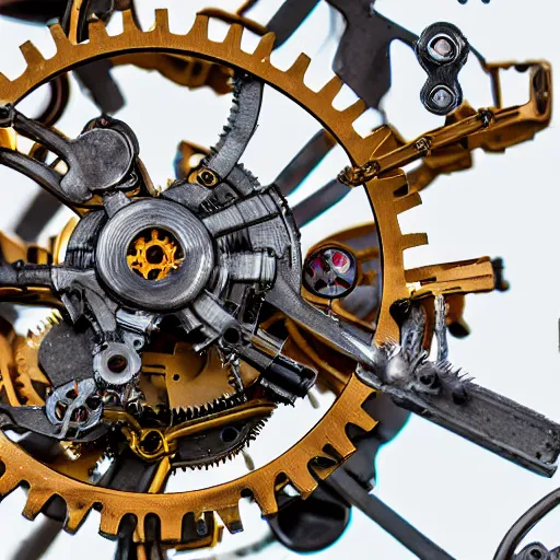 Image similar to macro photograph of a mechanical clockwork spider, intricate miniature machinery